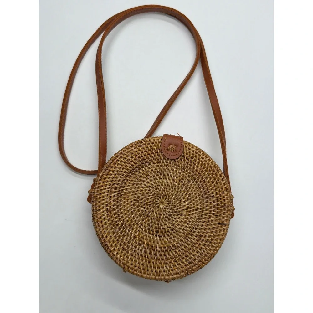 Round Woven Rattan Crossbody‎ Bag Natural Straw Circle Purse with Batik Lining